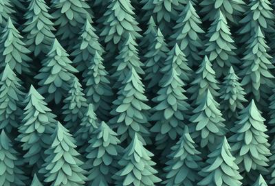 The primary subject of the image is a forest of trees, with a variety of pine trees and other types of trees. The setting is a lush green forest, with the trees being the main focus of the image. The visual style is a combination of photo and digital art, creating a realistic yet artistic representation of the forest. The colors and mood of the image are predominantly green, with a sense of tranquility and natural beauty.